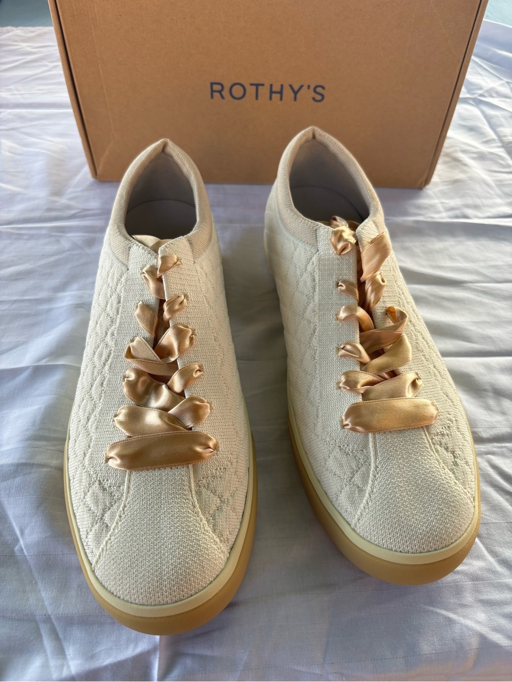 Rothy's Cream Knit Sneakers with Satin Champagne Ribbon Laces